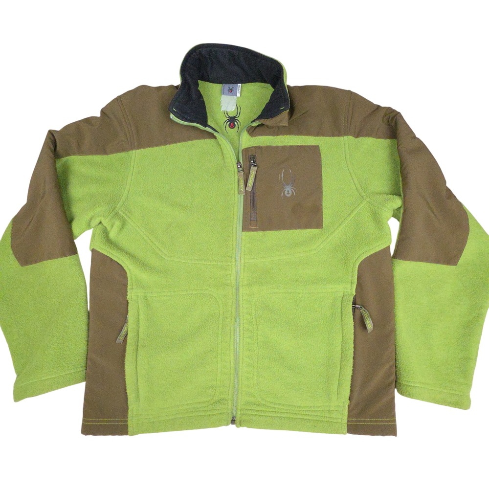 Spyder Full Zip Fleece Jacket Womens Large Green Brown Contrast Panel Polyester